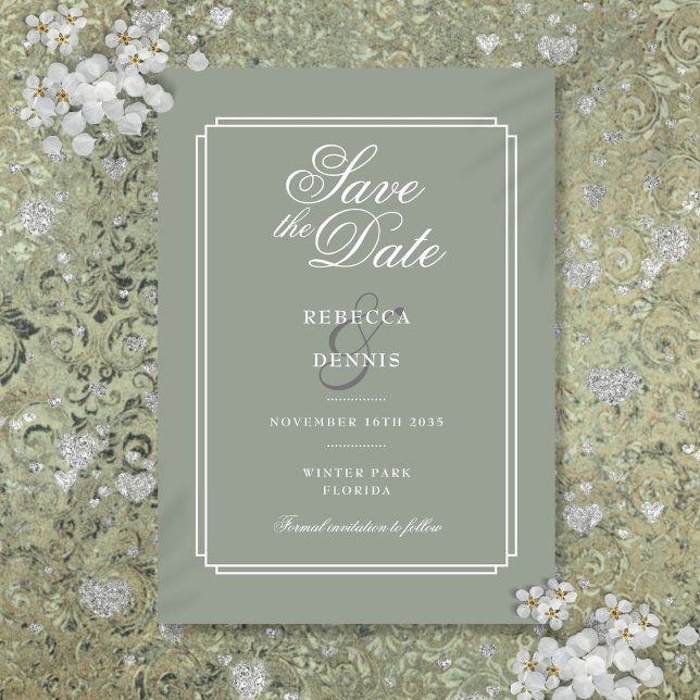 Sage Green Chic Elegante Script Parco Civico-Ciani Save The Date (Sage Green Chic Elegant Script Art Deco Wedding Save The Date)