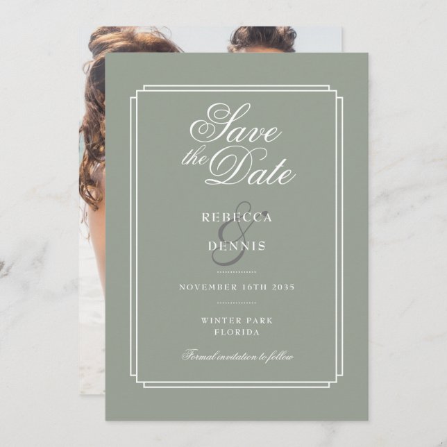 Sage Green Chic Script Art Deco Foto Hochzeit Save The Date (Vorne/Hinten)