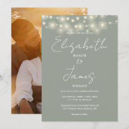 Sage Green Chic String Lights Script Foto Hochzeit Einladung