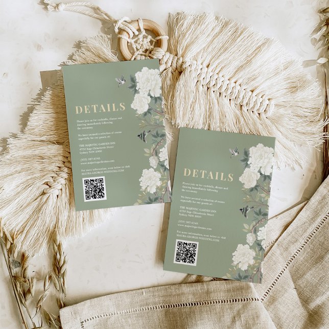 Sage Green Chinoiserie Blume Hochzeitsdetails Begleitkarte (Von Creator hochgeladen)