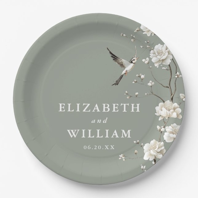 Sage Green Chinoiserie Blumengarten Hochzeit Pappteller (Vorderseite)
