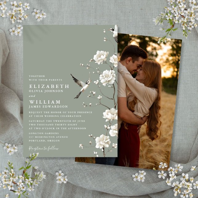 Sage Green Chinoiserie Blumengarten Hochzeitsfeier Einladung (Sage Green Chinoiserie Floral Garden Wedding Photo Invitation)