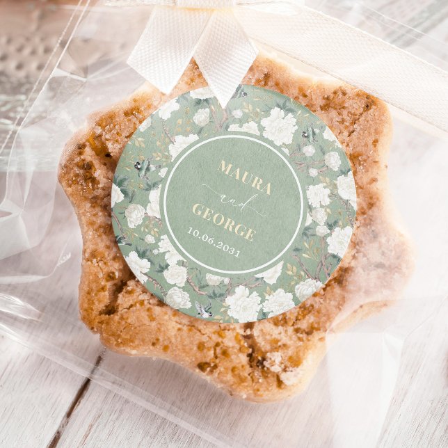 Sage Green Chinoiserie Blumenvögel Hochzeit Runder Aufkleber (Von Creator hochgeladen)