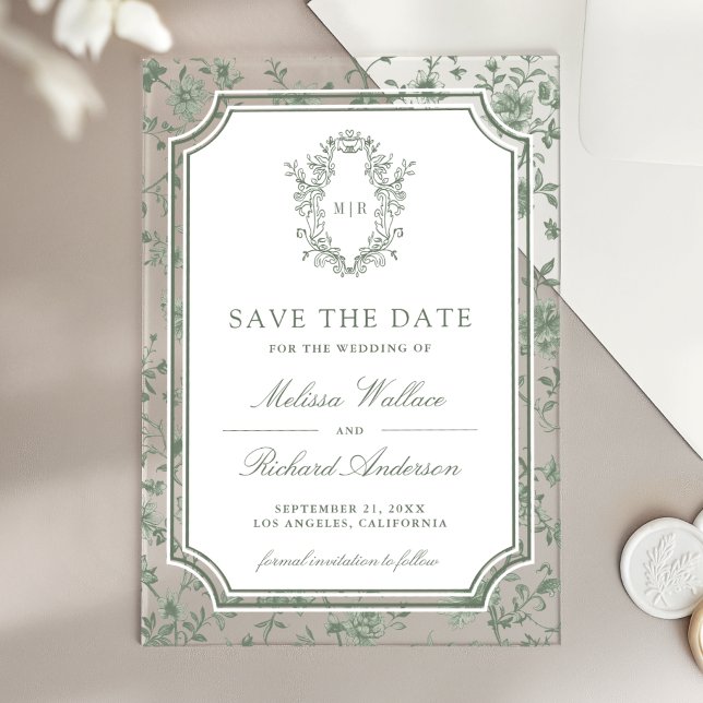 Sage Green Chinoiserie Crest Wedding Save the Date Acryleinladungen (Von Creator hochgeladen)