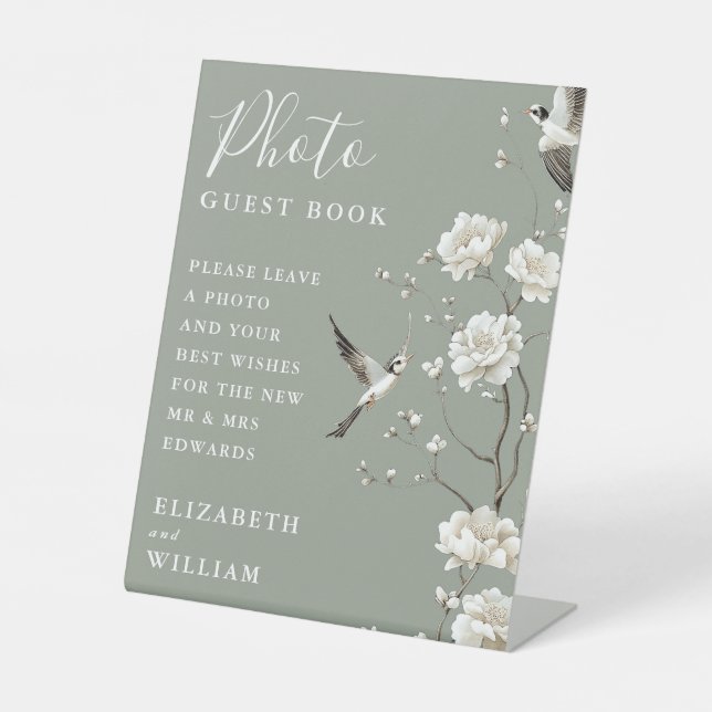 Sage Green Chinoiserie Foto Gästebuch Hochzeit Sockelschild (Vorderseite)