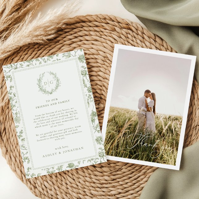 Sage Green Chinoiserie Foto Hochzeit Dankeskarte (Von Creator hochgeladen)