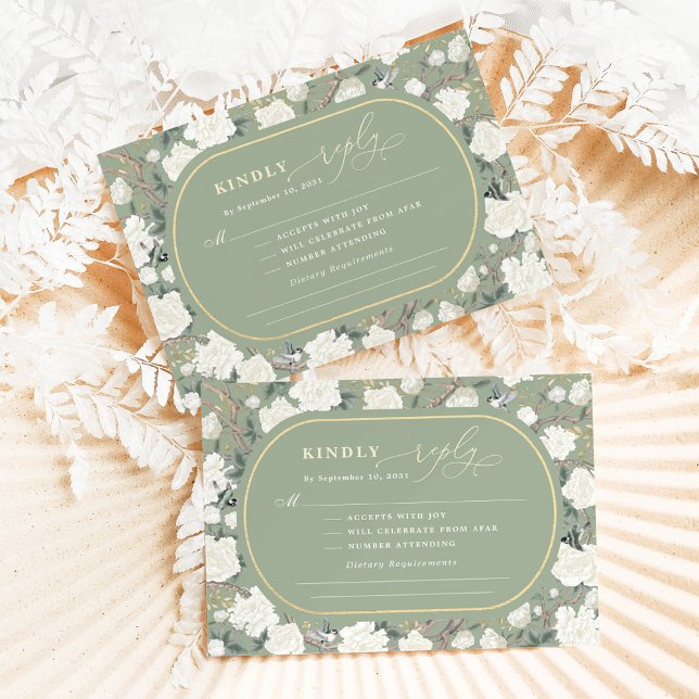 Sage Green Chinoiserie Ivory Blume Hochzeit RSVP Karte (Von Creator hochgeladen)