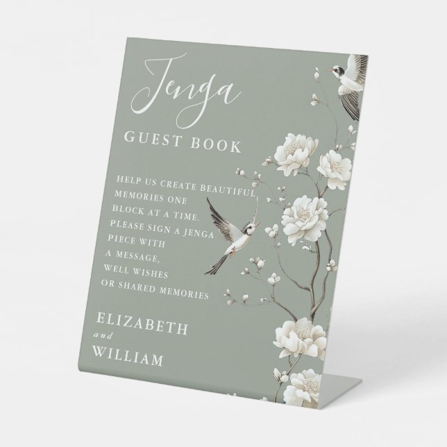 Sage Green Chinoiserie Jenga Gästebuch Hochzeit Sockelschild (Vorderseite)