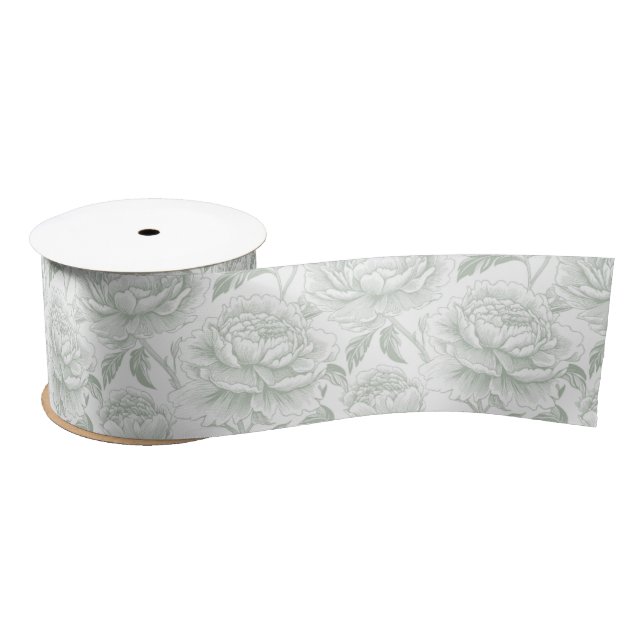 Sage Green Chinoiserie Peonies Satinband (Spule)