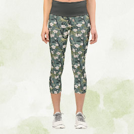 Sage Green Chinoiserie Tropical White Gold Floral Capri Leggings