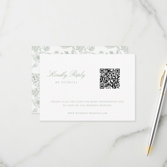 Sage Green Chinoiserie Wedding QR Code RSVP Karte (Vorderseite/Rückseite Beispiel)