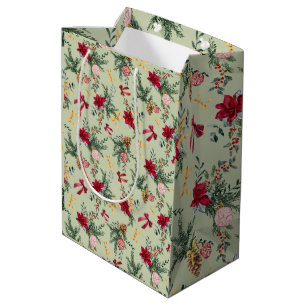 Sage Green Christmas Winter Greenery & Bow Pattern Mittlere Geschenktüte