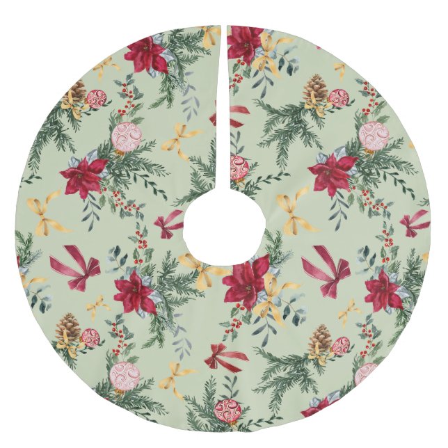 Sage Green Christmas Winter Greenery & Bow Pattern Polyester Weihnachtsbaumdecke (Vorderseite)