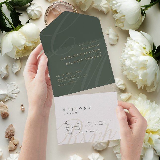 Sage Green Classic Elegance Kalligraphie Monogramm All In One Einladung (Sage Green Classic Elegance calligraphy monogram All In One Invitation)