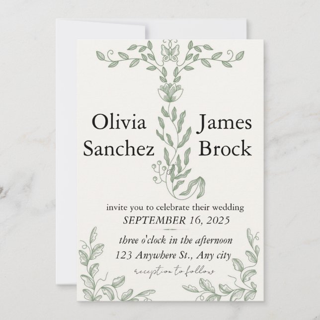 Sage Green Classic Floral Wedding Invitation Einladung (Vorderseite)