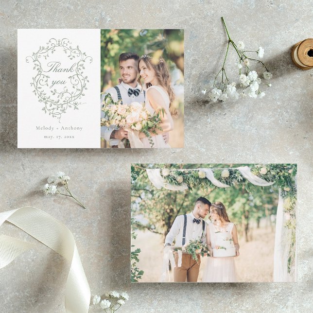 Sage Green Classic französisches Blumenkohl Wappen Dankeskarte (Front & Back)