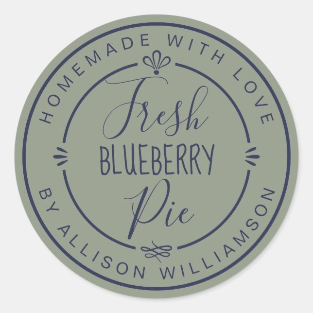 Sage Green Classic Homemade Blueberry Pie Label Runder Aufkleber (Vorderseite)