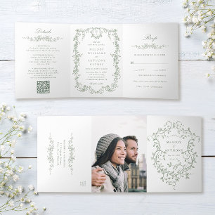 Sage Green Classic Viktorianisch Floral Wedding Dreifach Gefaltete Einladung
