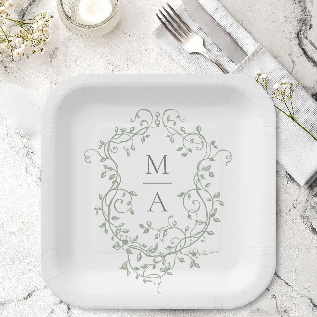 Sage Green Classic Wappen Monogram Wedding Pappteller (Von Creator hochgeladen)