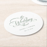Sage Green Classy Calligraphy Wedding Runder Pappuntersetzer<br><div class="desc">Der schlichte Untersetzer in Weiß und Weiß ist mit eleganten,  romantischen Wirblen Kalligraphieschriften mit Text versehen. Für eine weiter gehende Anpassung dieses Designs klicken Sie bitte auf den BUTTON BLAU DESIGN TOOL oben!</div>