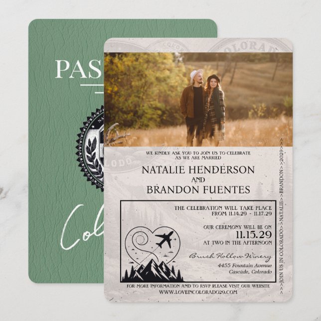 Sage Green Colorado Passport Hochzeit Einladung (Vorne/Hinten)