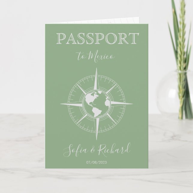 Sage Green Compass Hochzeit in Urlaubsort Passport Einladung (Vorderseite)