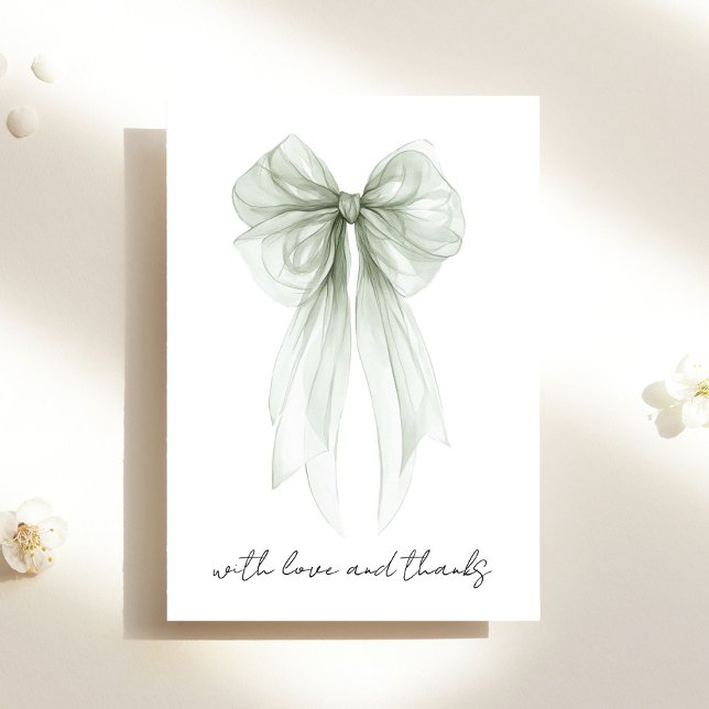 Sage Green Coquette Bow Wasserfarbe Brautparty Dankeskarte (Von Creator hochgeladen)