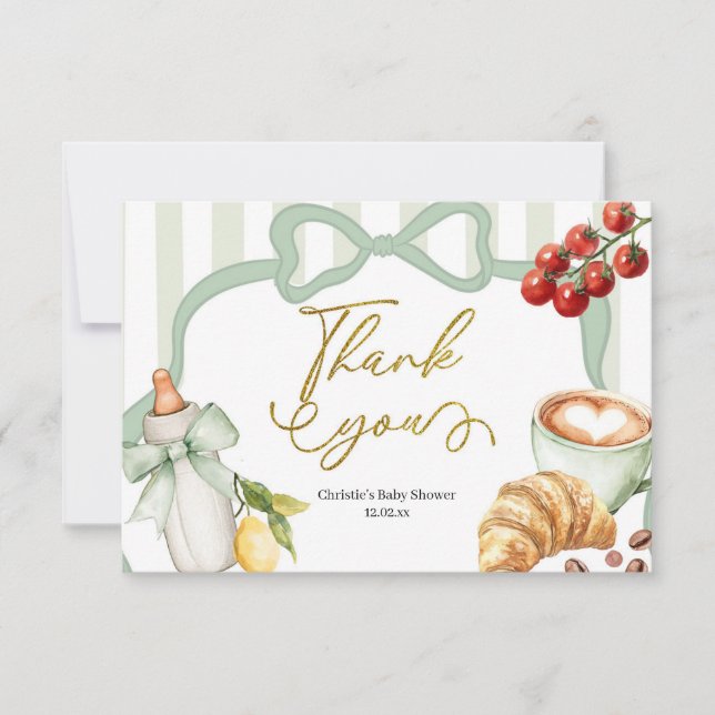 Sage Green Coquette Stripes Italy Ciao Baby Dankeskarte (Vorderseite)