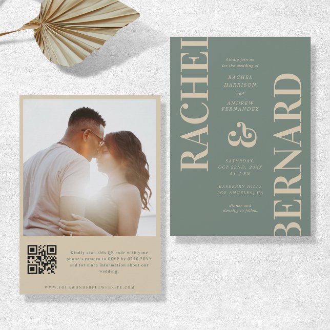 Sage Green & Cream Bold Typografy QR Code Wedding Einladung (Von Creator hochgeladen)