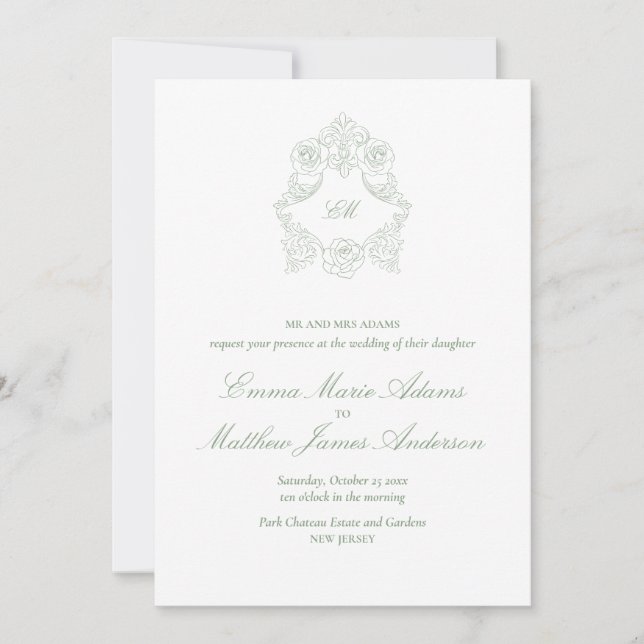 Sage Green Crest Monogram Classic Wedding Einladung (Vorderseite)