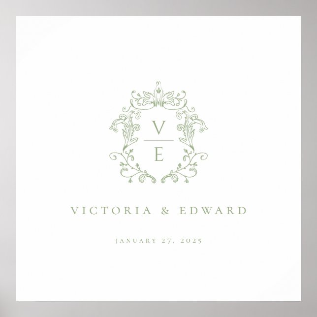Sage Green Crest Monogram Wedding Poster (Vorne)