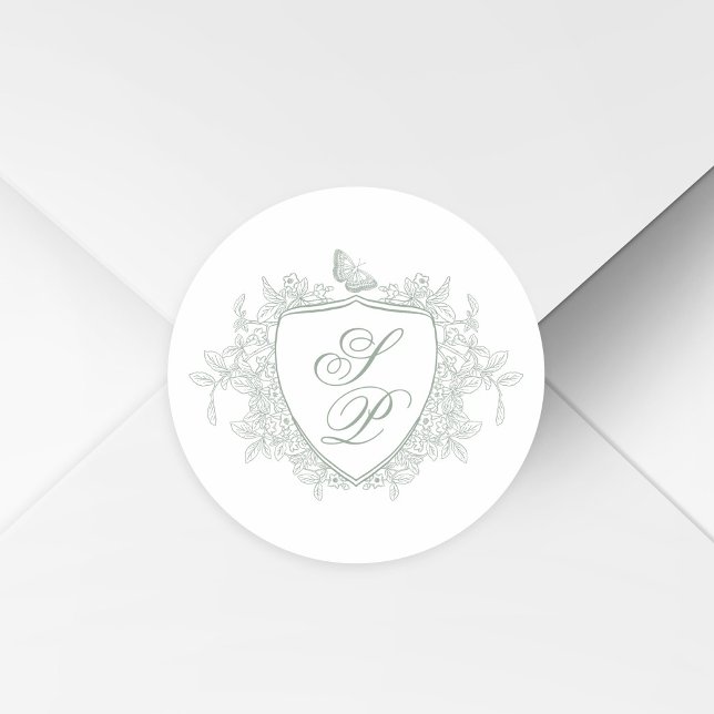Sage green crest monogram wedding runder aufkleber (Von Creator hochgeladen)