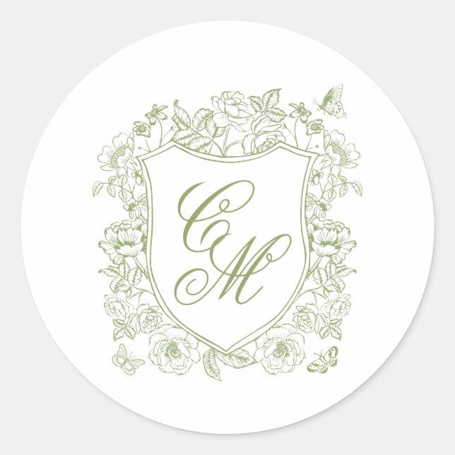 Sage Green Crest Wedding Round Sticker (Vorderseite)