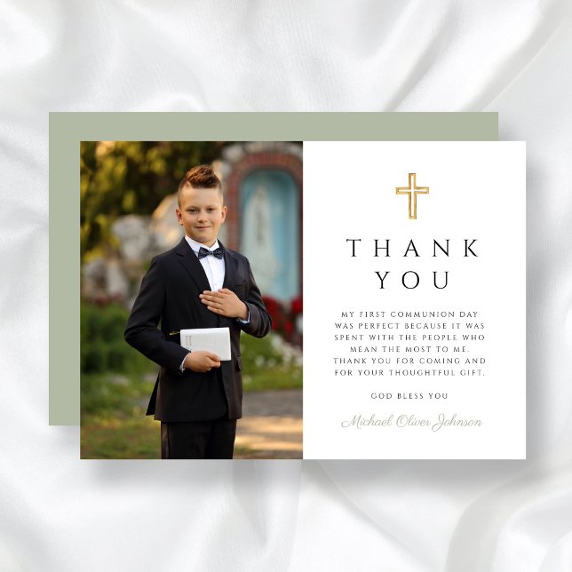 Sage Green Cross Boy Erste Kommunion Foto Dankeskarte (Sage Green Cross Boy First Communion Photo Thank You Card)