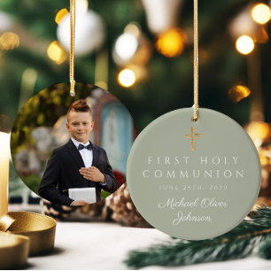 Sage Green Cross Boy Erste Kommunion Foto Keramik Ornament