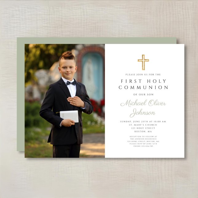 Sage Green Cross Foto Junge Erste Kommune Einladung (Sage Green Cross Photo Boy First Communion Invitation)