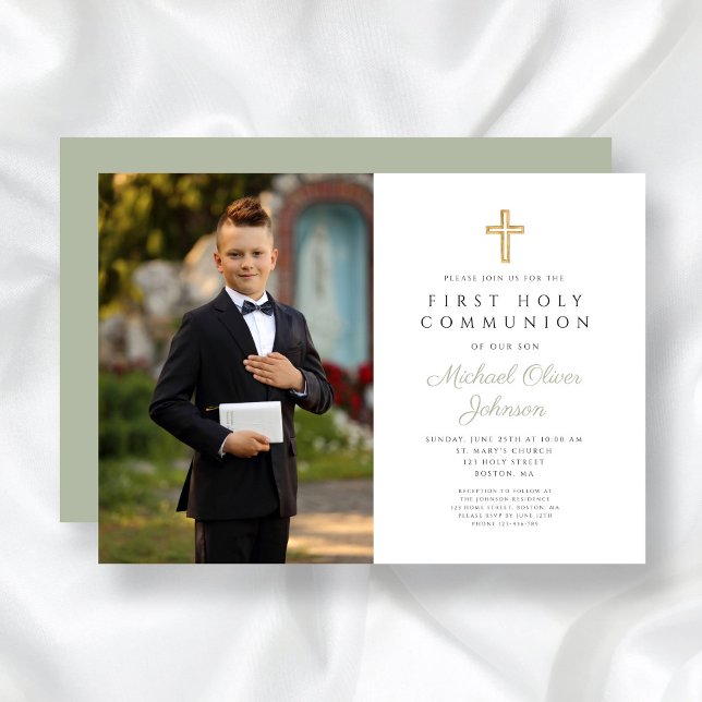 Sage Green Cross Foto Junge Erste Kommune Einladung (Sage Green Cross Photo Boy First Communion Invitation)