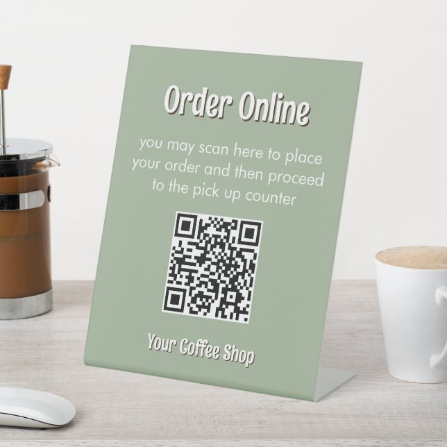 Sage Green Custom Modern Text Order QR Code Sign Sockelschild (In SItu)