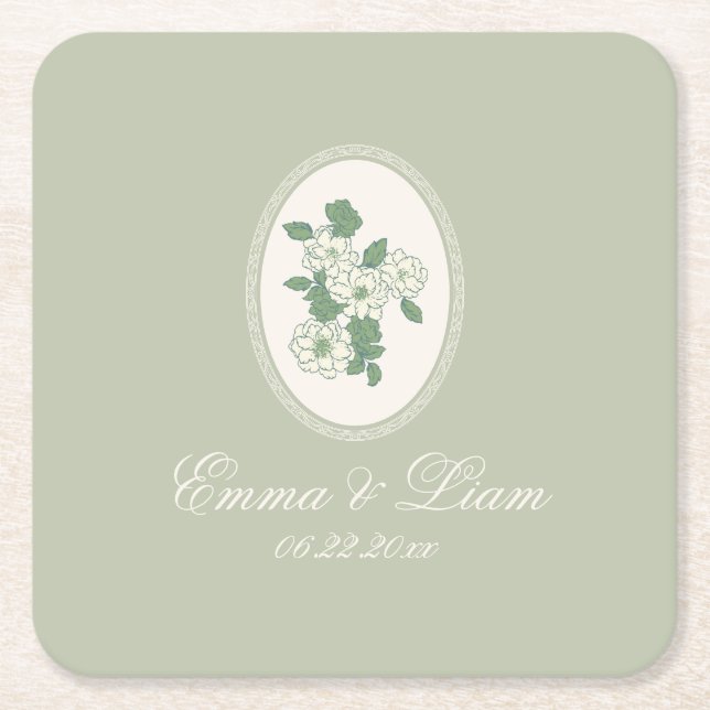 Sage Green Custom Wedding Paper Coasters Rechteckiger Pappuntersetzer (Vorderseite)