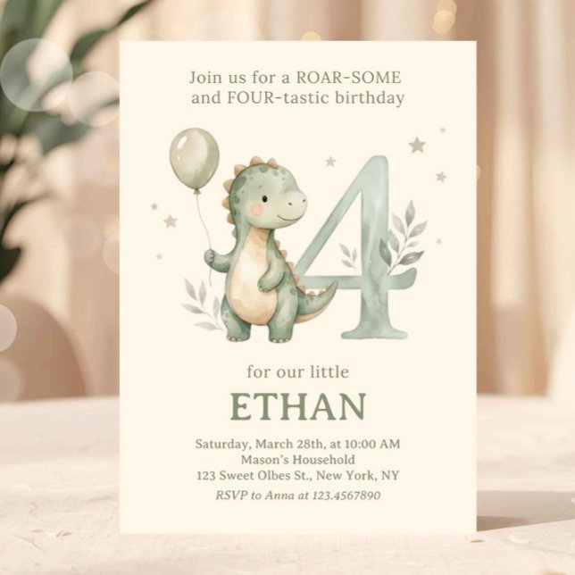 Sage Green Cute Dinosaur 4th Birthday Einladung (dinosaur birthday invitation, 4th birthday invite, dino party invitation, roarsome four invite, dino)