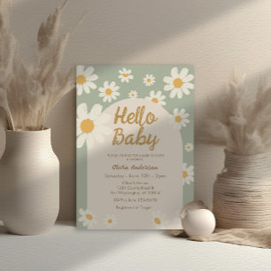 Sage Green Daisy Hello Baby Retro Baby Dusche Einladung