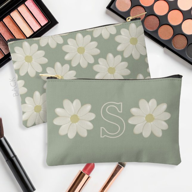 Sage Green Daisy Mit Monogramm Accessory Pouch Zubehörtasche (Sage Green Daisy makeup bag with space for your initial )