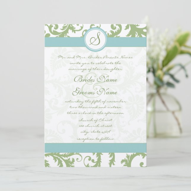 Sage Green Damask und Aqua Damask Wedite Einladung (Stehend Vorderseite)
