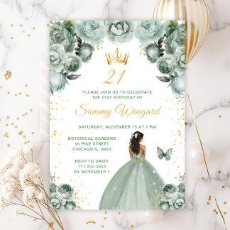 Sage Green Dark Skin Princess Birthday Party Einladung