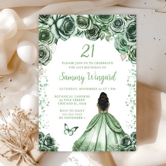 Sage Green Dark Skin Princess Birthday Party Einladung