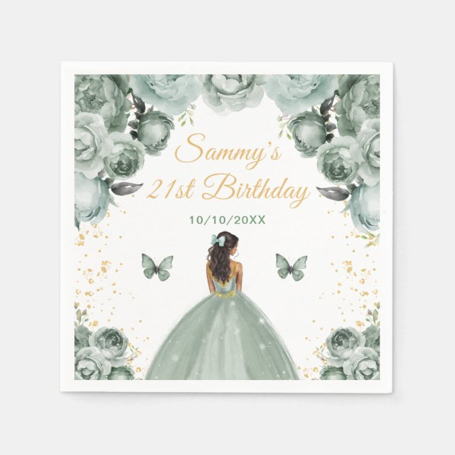 Sage Green Dark Skin Princess Birthday Party Serviette (Vorderseite)