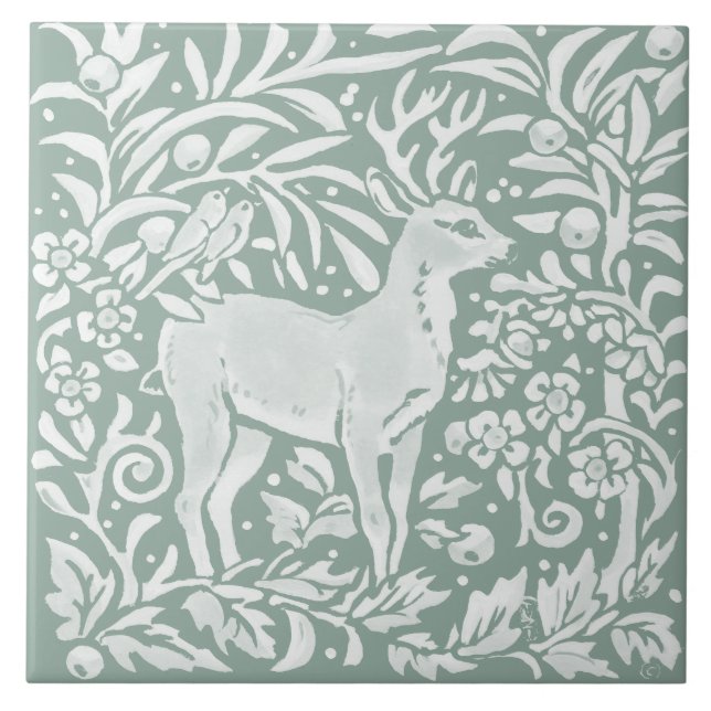 Sage Green Deer Woodland Forest William Morris Fliese (Vorderseite)