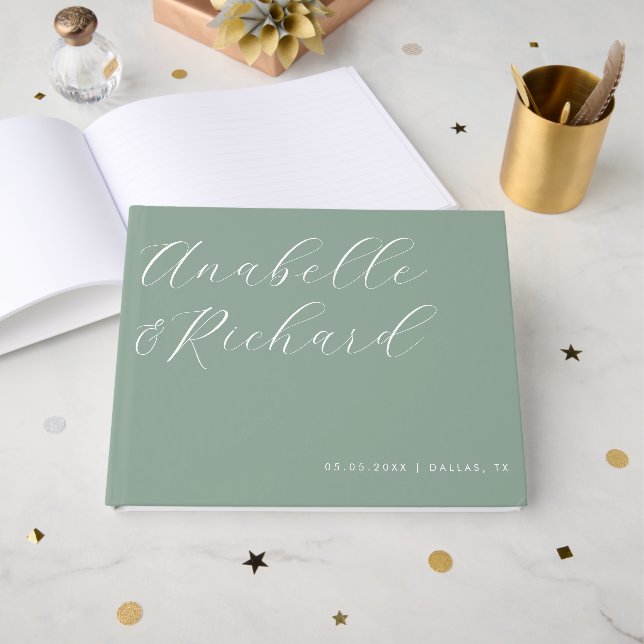 Sage Green Delicate Calligraphy Romantic Wedding Gästebuch (Vorderseite Offen)