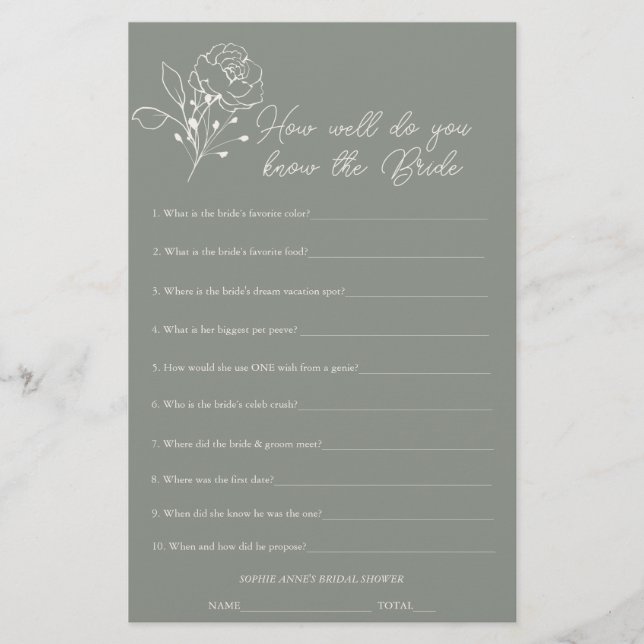 Sage Green, der das Bride Brautparty Game kennt (Vorderseite)