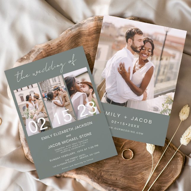 Sage Green die Hochzeit Minimalistischer FotoColla Einladung (Von Creator hochgeladen)